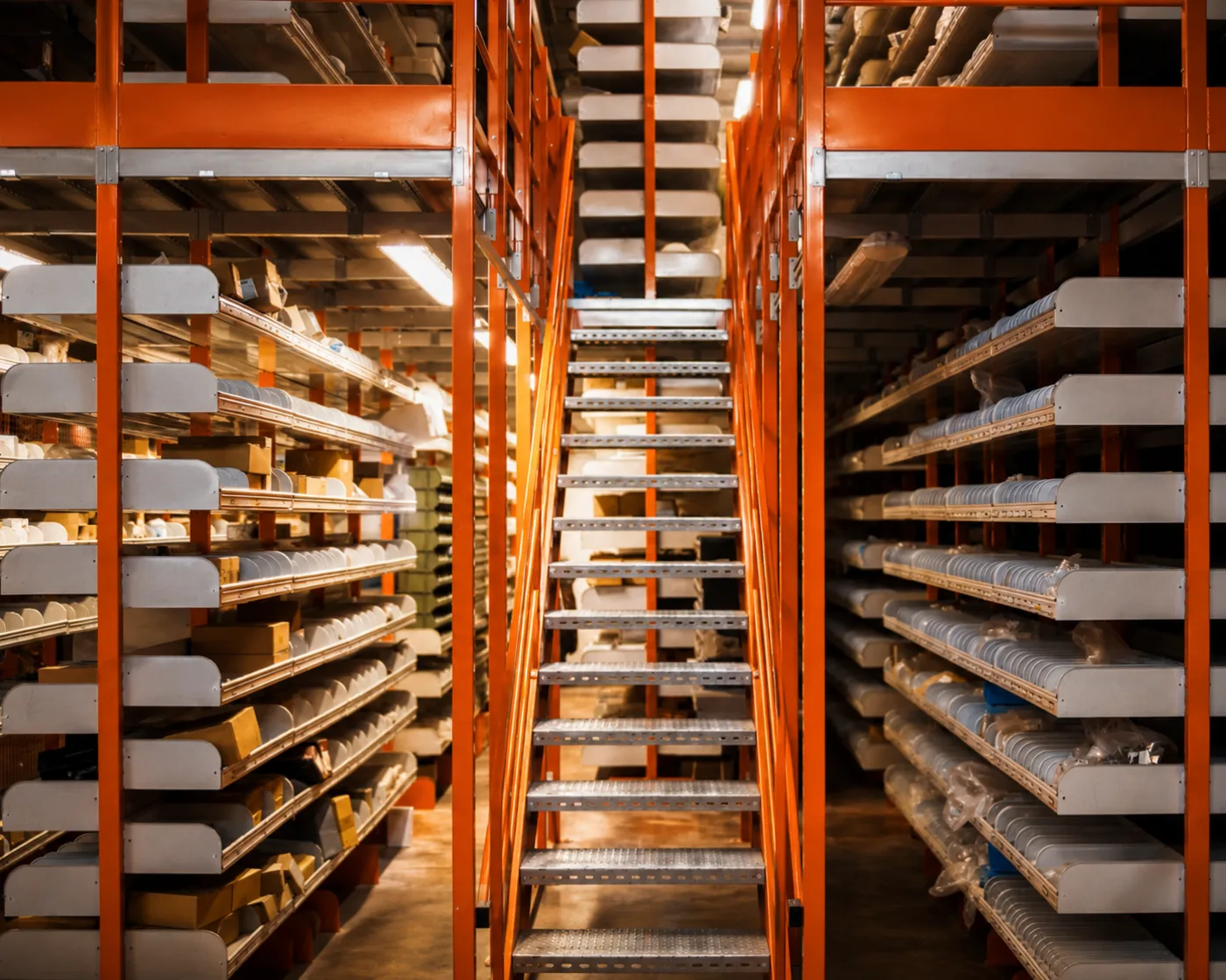 Magazzino ricambi OrangeLift e ForkUp: scaffalature con componenti per la movimentazione