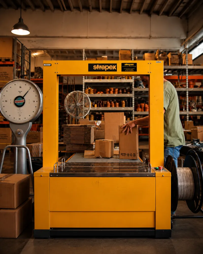 Reparto spedizioni ForkUp: preparazione colli accanto agli scaffali dei ricambi